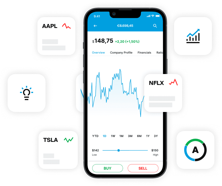 Smartphone mit EXDEGIRO-App, die einen Aktienchart mit AAPL-, TSLA- und NFLX-Symbolen zeigt