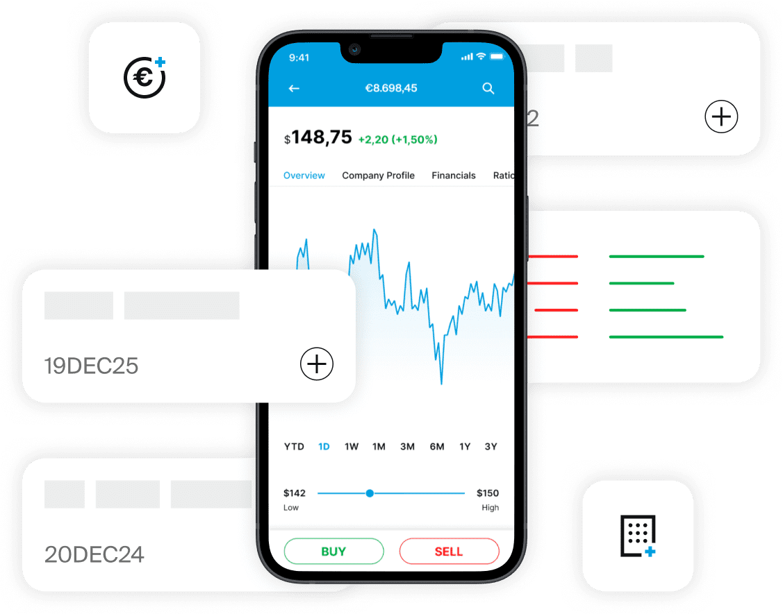Smartphone mostrando el gráfico de la aplicación EXDEGIRO con opciones de pedido e iconos financieros.